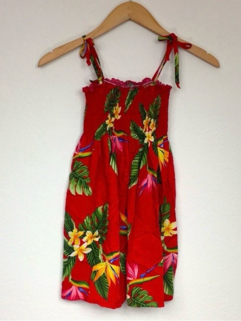 RJC Girls Made In Hawaii Red Floral Smock Dress Size 7 Tropical Boho Hippie